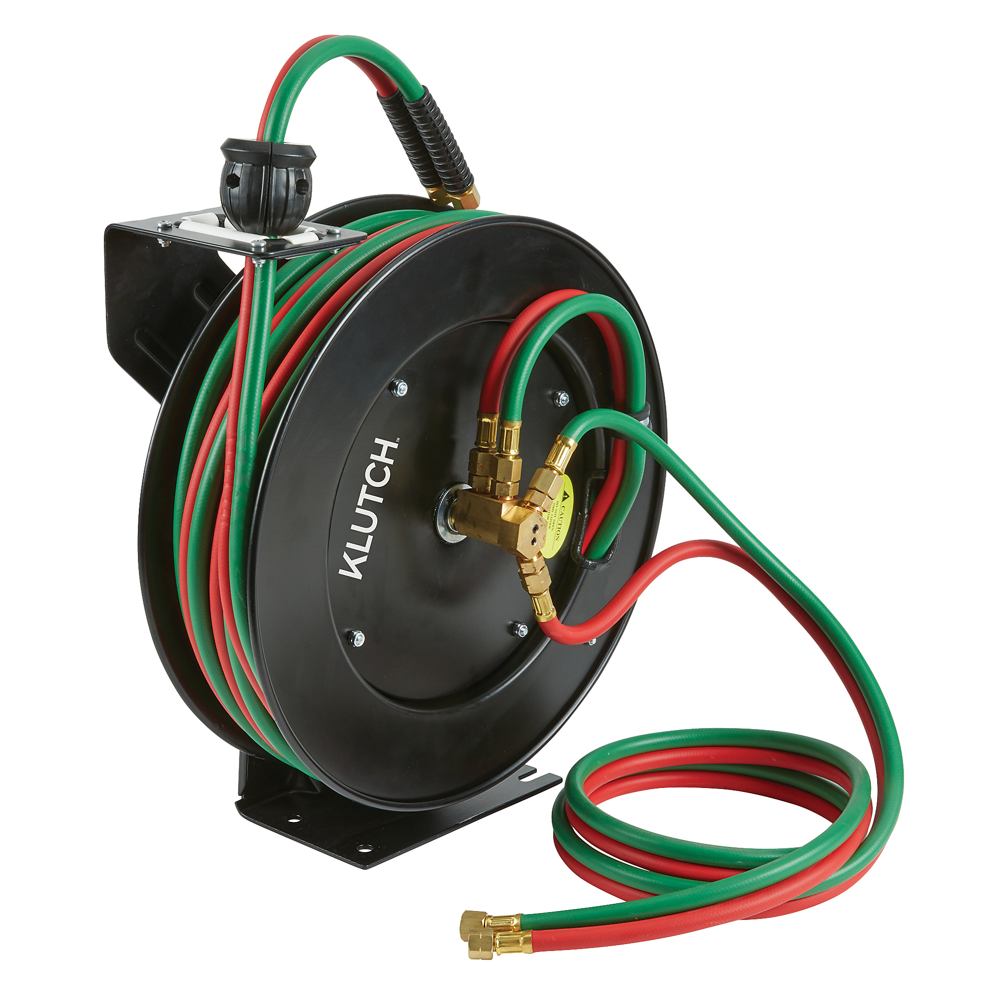 Klutch Spring-Rewind Twin-Line Welding Hose Reel, Oxyacetylene, 50ft. Hoses, 300 Max. PSI, Auto Rewind, Heavy-Duty Steel